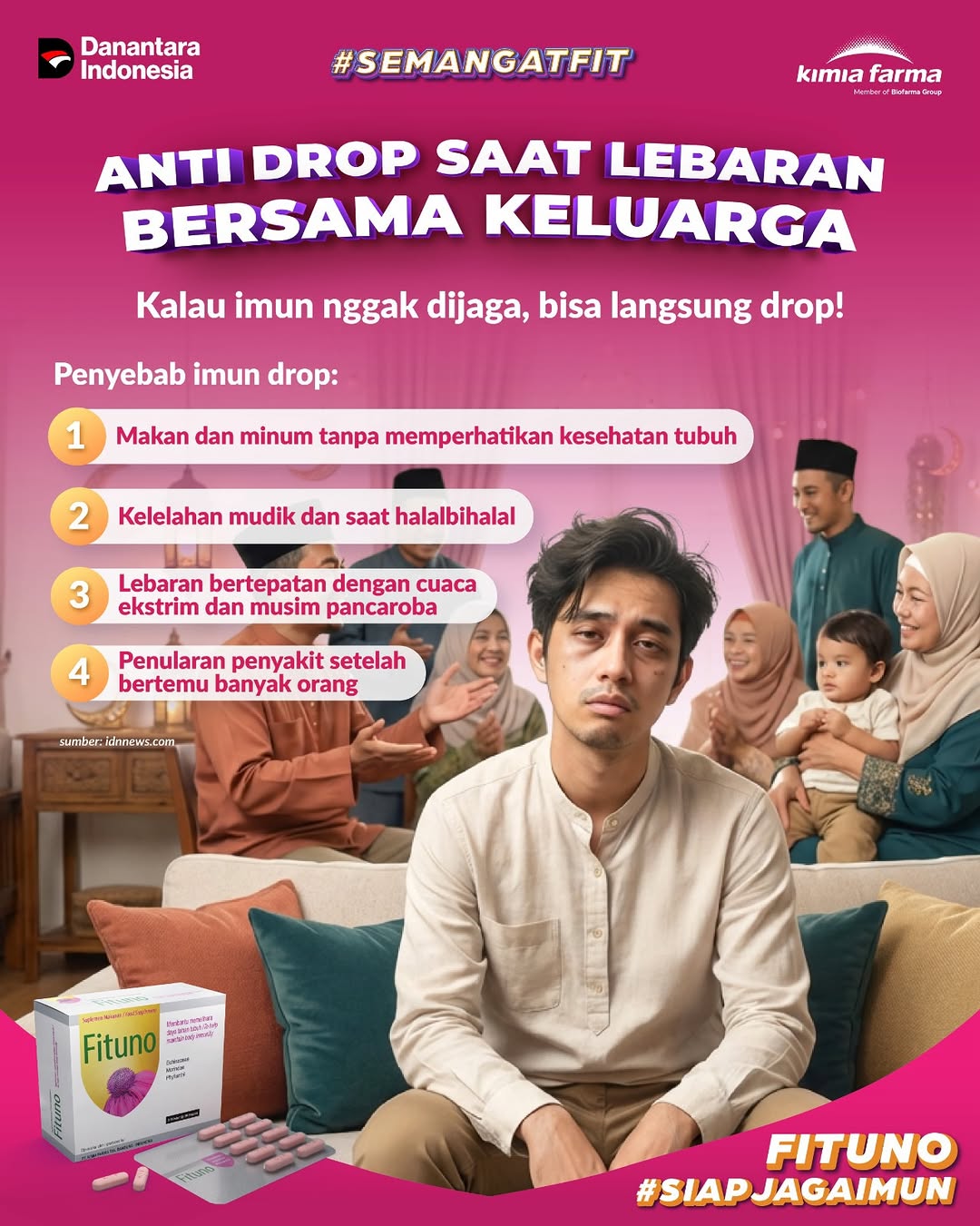 Sering ngerasa gampang sakit habis Lebaran? 🤧
Bisa jadi imun kamu lagi drop karena:
✔️ Pola makan berubah
✔️ Kelelahan mudik
✔️ Cuaca nggak menentu
✔️ Ketemu banyak orang

sumber : idnnews.com

Yuk, antisipasi dari sekarang!

Rutin konsumsi Fituno bantu menjaga daya tahan tubuh, biar kamu tetap fit dan bisa nikmatin momen kumpul keluarga tanpa khawatir ✨
#SemangatFit #FitSaatLebaran.